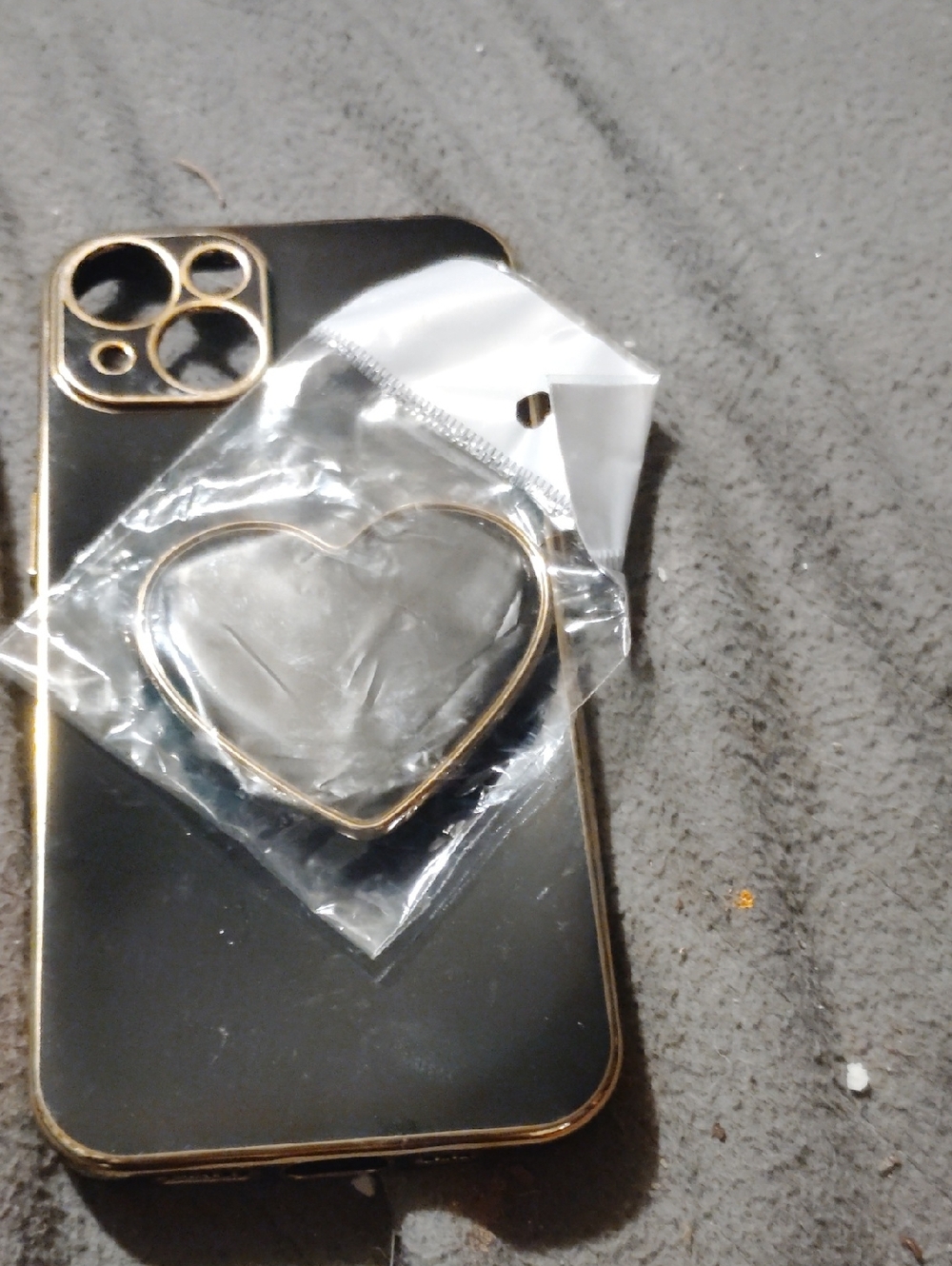 Gold-Trim Black Phone Case with Heart Ring Holder